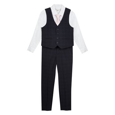 Boys' white shirt, pink tie and navy checked print waistcoat and trousers set